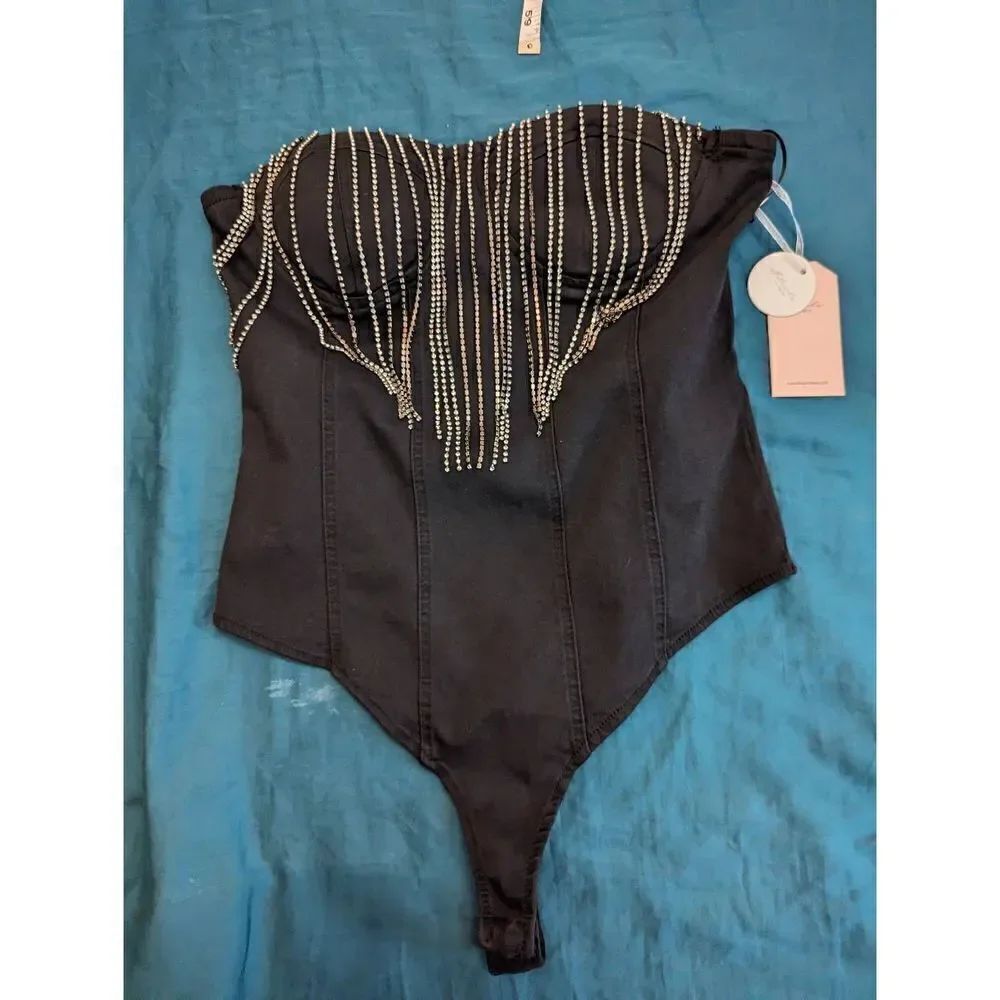 BLASHE strapless black denim bodysuit with metal fringe sz s nwt